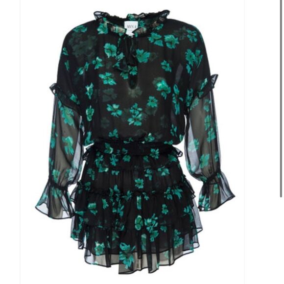 New MISA LOS ANGELES LOLITA Mini DRESS Small Emerald Green Black Floral Revolve - Picture 12 of 16